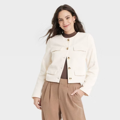 Women's Lady Jacket - A New Day™ Off-White S: Heavyweight Recycled Polyester, Casual Fit, Front Button, 4 Pockets | Target