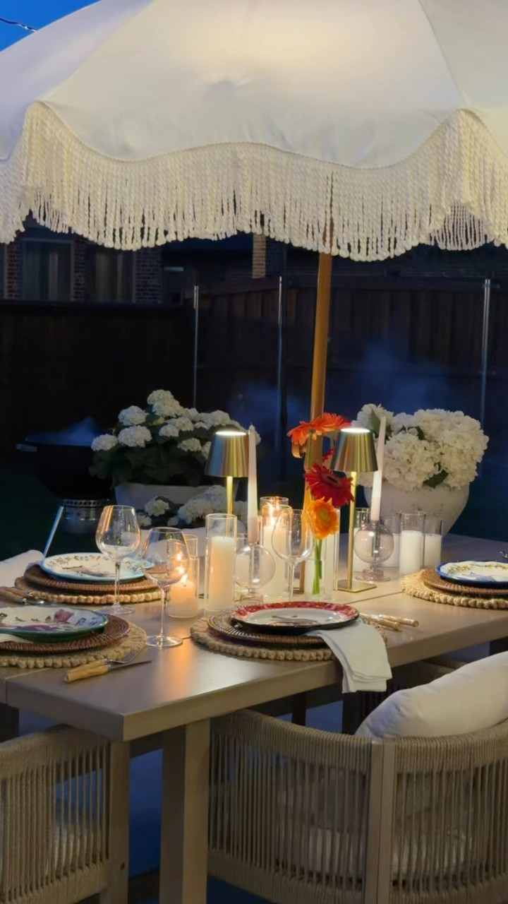 A cozy patio setup for slow evenings under candlelight✨

#PatioVibes #OutdoorDining #CozyNights #TablescapeInspo #DinnerAtHome 

 #LTKdayinmylife #LTKHome #LTKSaleAlert