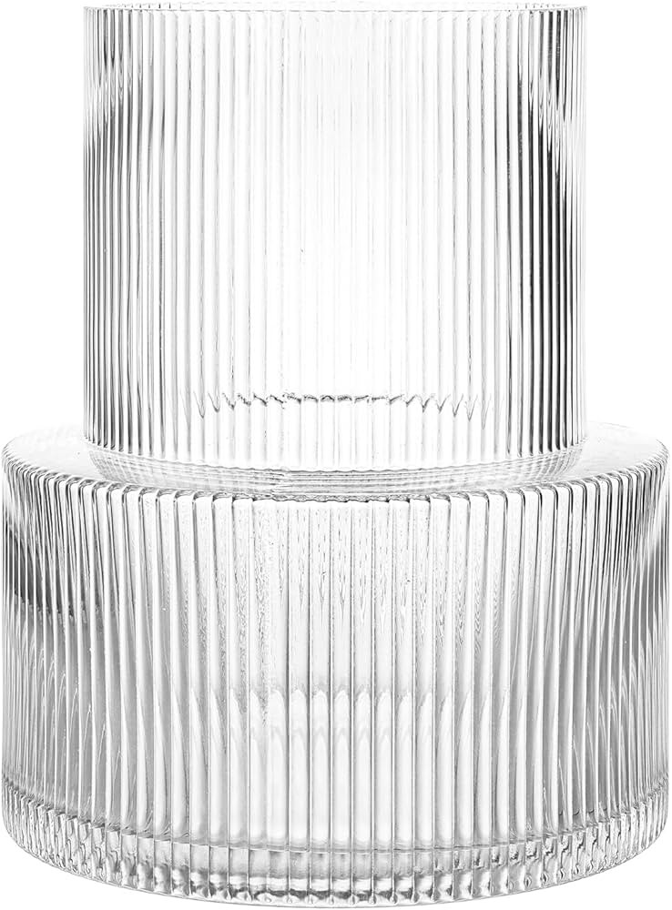Clear Glass Vase, Ribbed Vase, 7.5 Inches Fluted Glass Vase, Flower Vase, Modern Vase for Centerp... | Amazon (US)