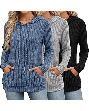 3 Pack Women's Long Sleeve Hoodie Sweaters, Kangaroo Pocket Shirts Loose Knit Tops Drawstring Pul... | Amazon (US)