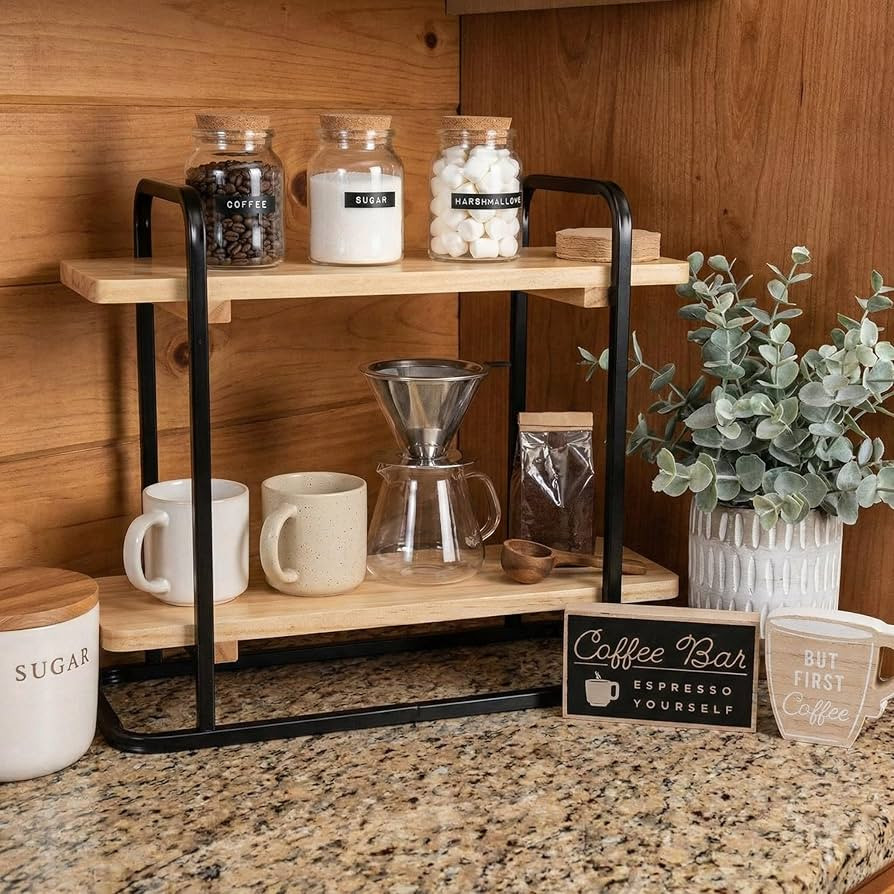 Bokon Coffee Station Organizer 2 Tier Wooden Serving Tray Charcuterie Board Stands Rectangle Coff... | Amazon (US)