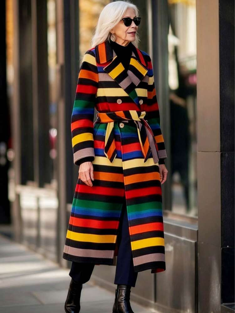 Magic Mia Women's Rainbow Striped Trench Winter Long Coat - Double Breasted With Belted  & Statem... | SHEIN