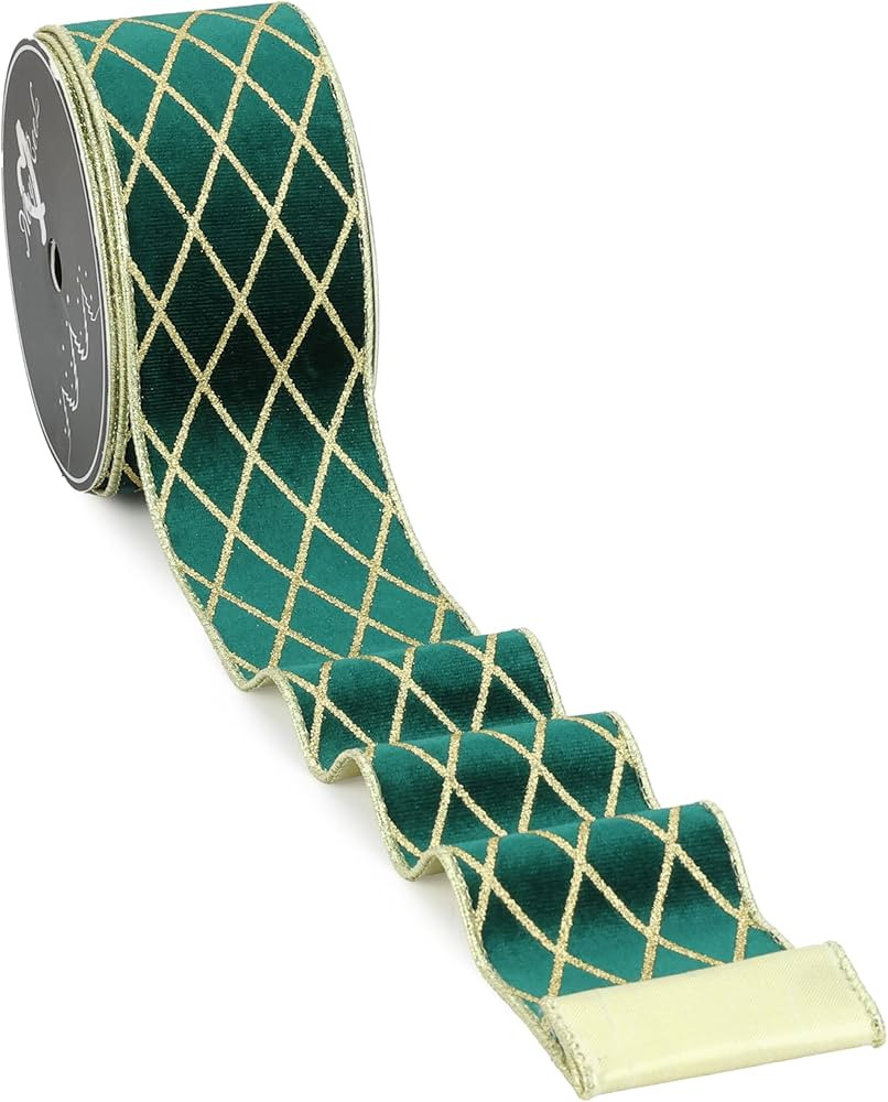 MAYREEL 2.5 Inch Green and Gold Velvet Wired Ribbon Metallic Diamond Glitter Grid Ribbon for Chri... | Amazon (US)