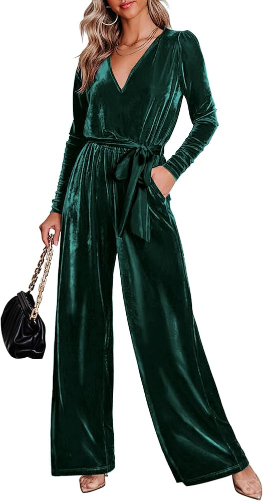 MASCOMODA 2023 Velvet Long Sleeve Wide Leg Jumpsuits for Women Dressy V Neck Belted Romper One Pi... | Amazon (US)