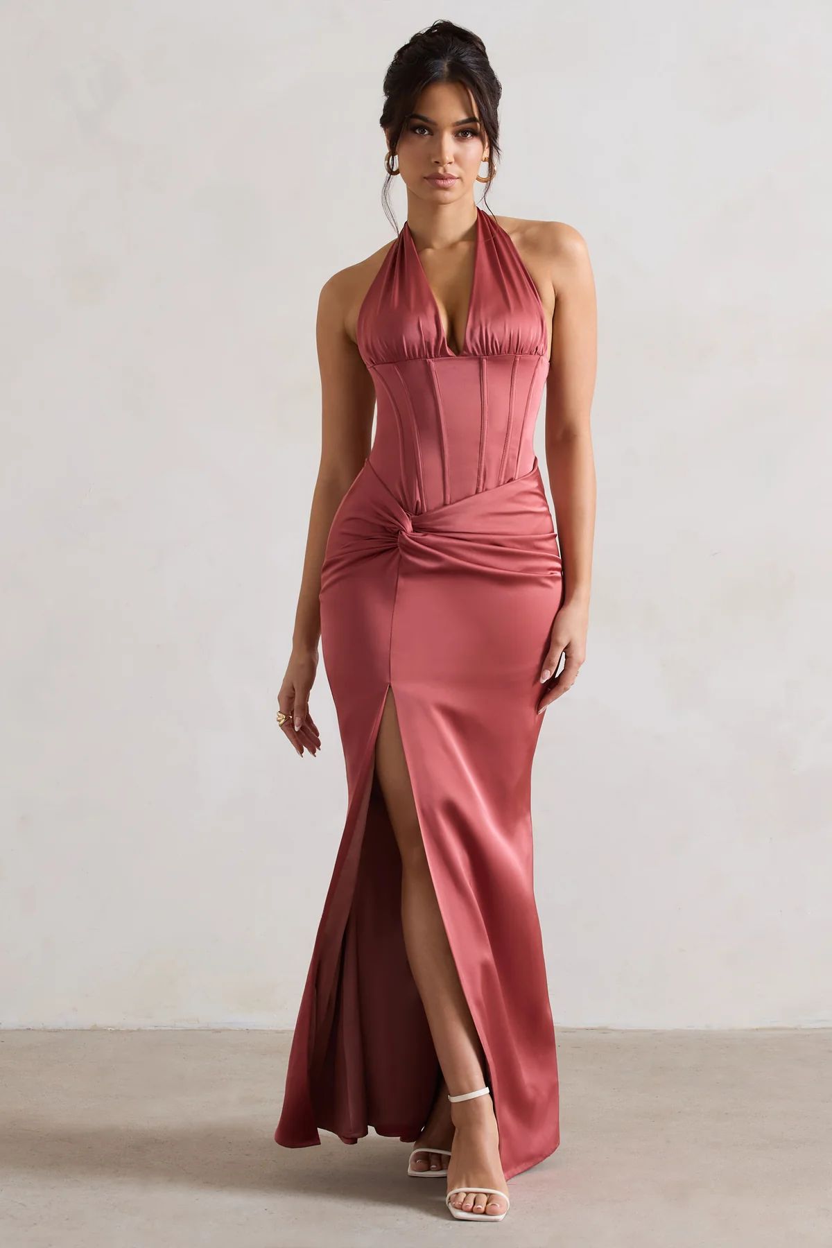 Sacha | Rose Pink Satin Corset Style Maxi Dress With Wrap Skirt | Club L London