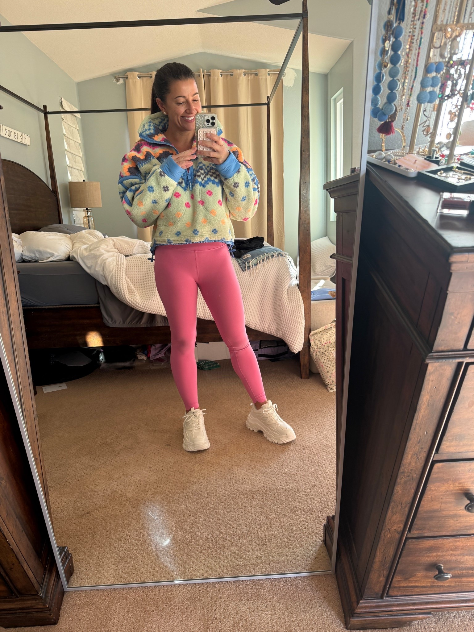 today’s gym fit was giving ✨winter rainbow sherbet✨ in the best way.
i sized up half a size in my k-pop platform sneakers and they are SO comfy for training days. the exact color of my fleece keeps playing hide and seek online… which is wild because i literally bought it last week… but they do have a super cute winter color in this same pattern and it’s just as fun.

and the leggings? wiskii in hollywood pink. bright, buttery, holds you in without being mean about it. one of my top faves forever.

sizing:
• fleece: wearing a small
• leggings: medium
• sneakers: 8.5 (i sized up half a size)

activewear outfit inspo, winter gym outfit, wiskii leggings review, bright workout leggings, kpop platform sneakers, cozy fleece pullover, free people fleece dupe, mom workout style, cute gym clothes for moms, comfy activewear, hollywood pink leggings, colorful winter outfit, everyday gym outfit, casual athletic look, cute fitness fashion

#LTKootd #LTKfitnessgoals #LTKmomlife