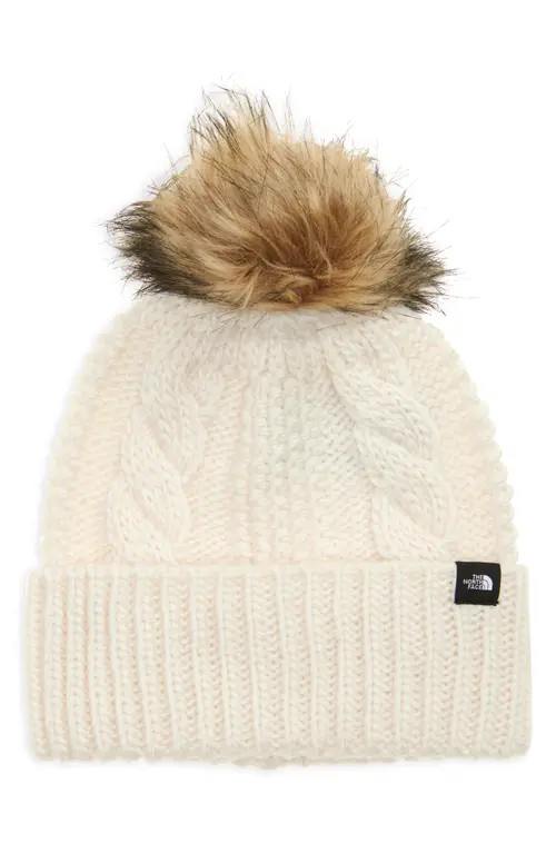 The North Face Kids Oh Mega Beanie with Faux Fur Pom in White Dune at Nordstrom | Nordstrom
