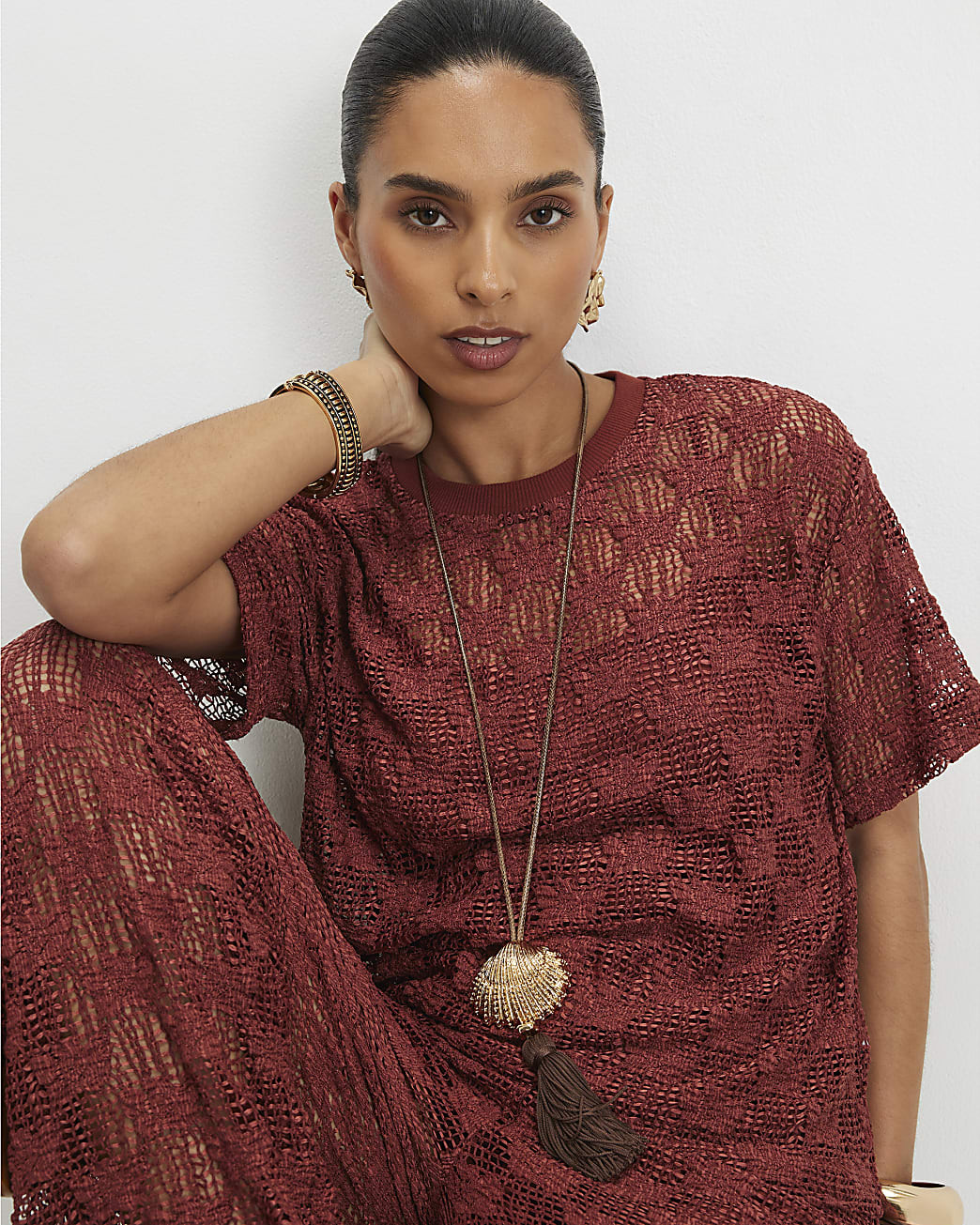Petite Brown Crochet Lace Top | River Island UK & IE