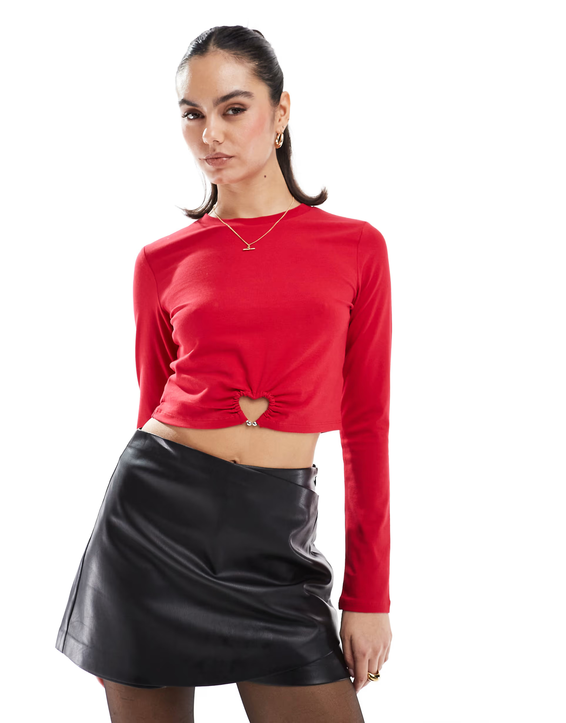 The Frolic exclusive heart hardware cutout detail long sleeve crop top in red | ASOS (Global)