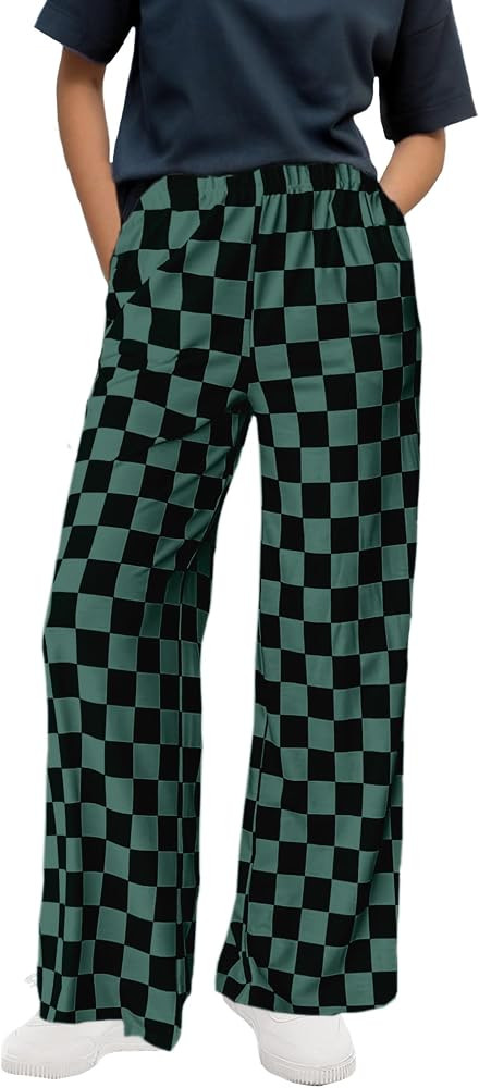 WSPLYSPJY Women's Casual Checkered Pants Elastic Waist Comfy Loose Wide Leg Pants with Pockets,XS... | Amazon (US)