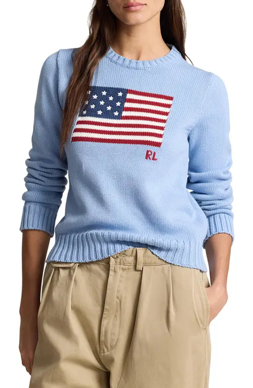 Polo Ralph Lauren Flag Crewneck Sweater in Chambray Blue at Nordstrom, Size Small | Nordstrom