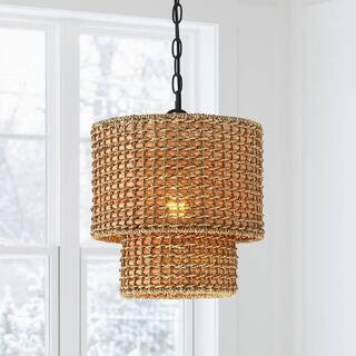 Brady 12 in. 1-Light Traditional Pendant with Natural Rattan Wicker Shade and Black Hardware | The Home Depot