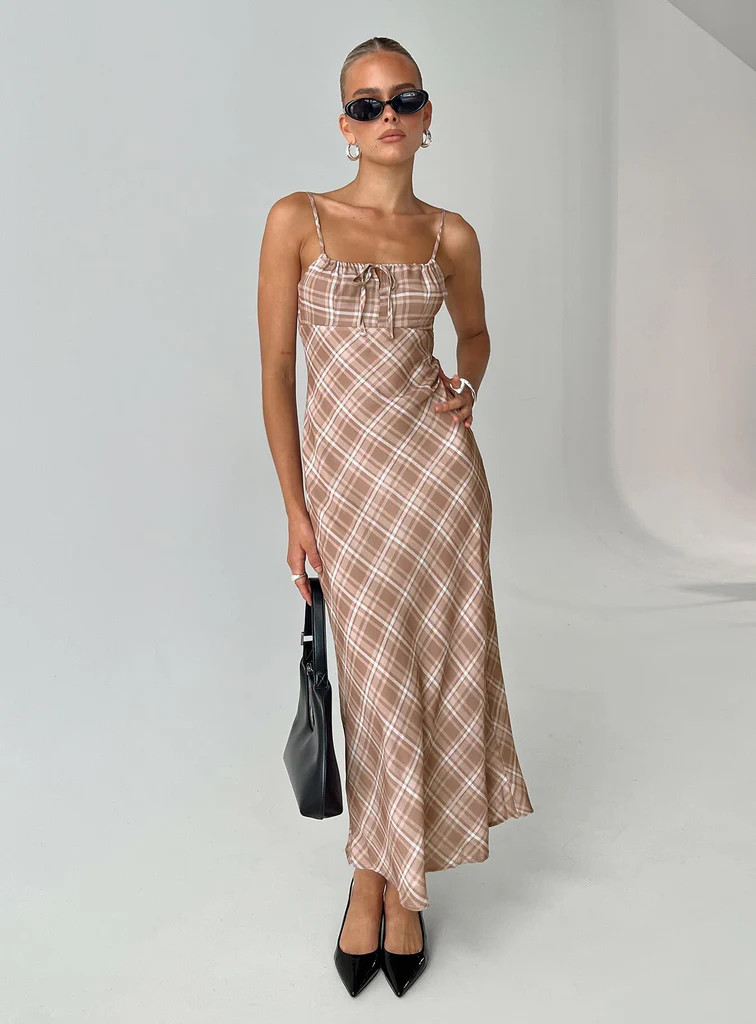Wallin Maxi Dress Brown Check | Princess Polly US