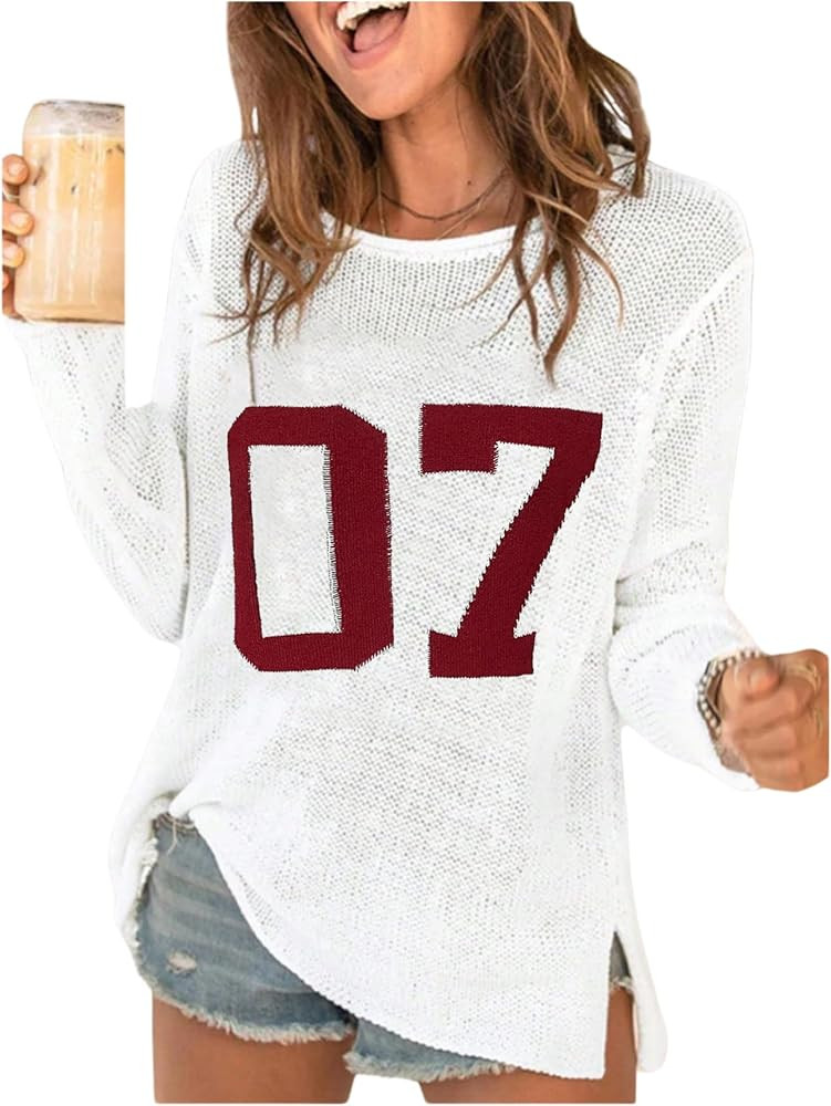 COZYEASE Women's Beach Cover Up Letter Print Long Sleeve Sweater Crew Neck Split Hem Crochet Jump... | Amazon (US)