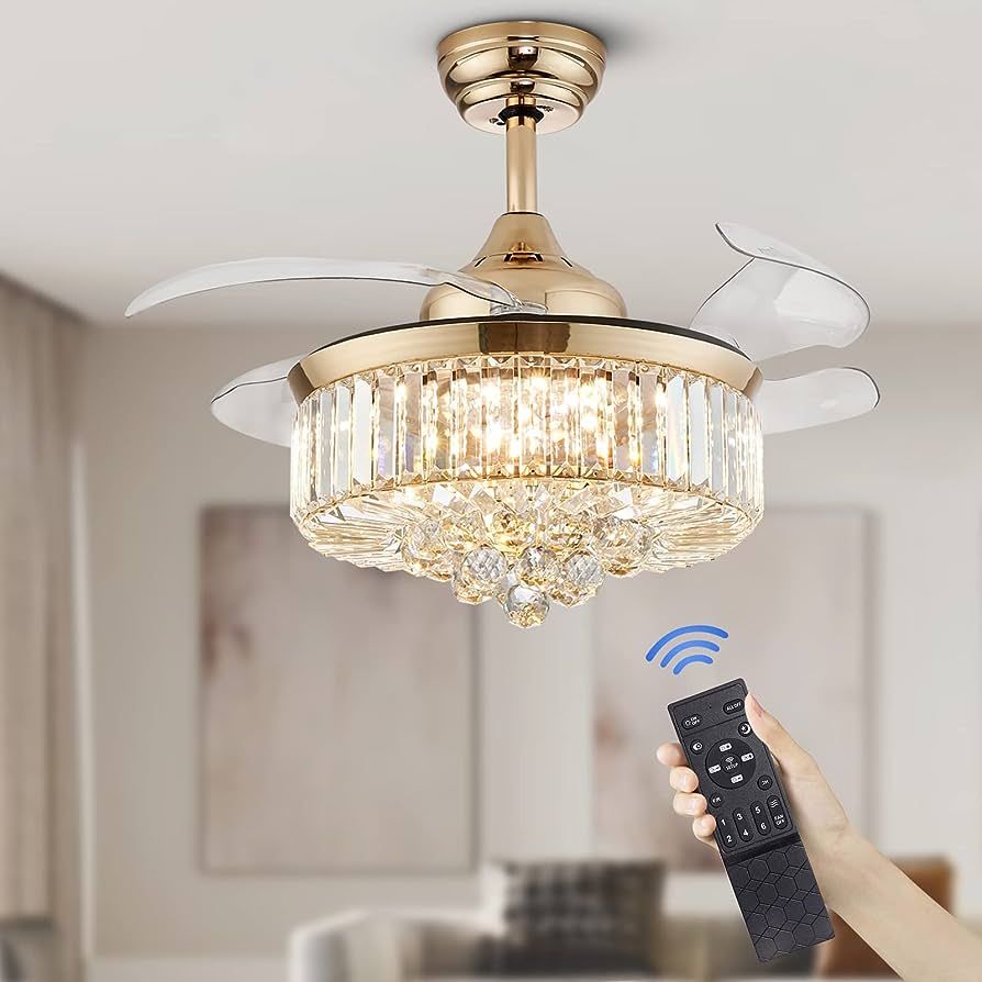 CROSSIO Modern Crystal Ceiling Fan Light Reversible Fandelier LED Dimmable Gold Retractable Fan C... | Amazon (US)