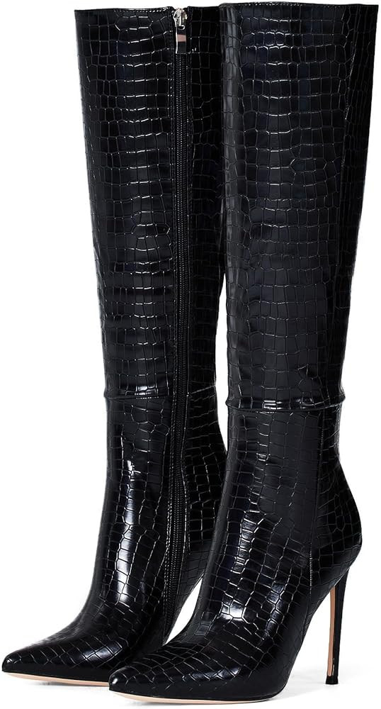 Elisabet Tang 4 inch Women's Knee High Long Boots, Stiletto Tall Pointed Toe Heeled Boot Leather ... | Amazon (US)