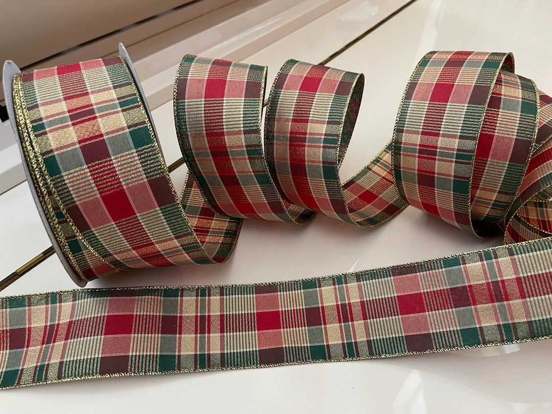 2.5” Red, Green, & Gold Plaid Wired Ribbon #416 - Sold By The Yard | Etsy (US)