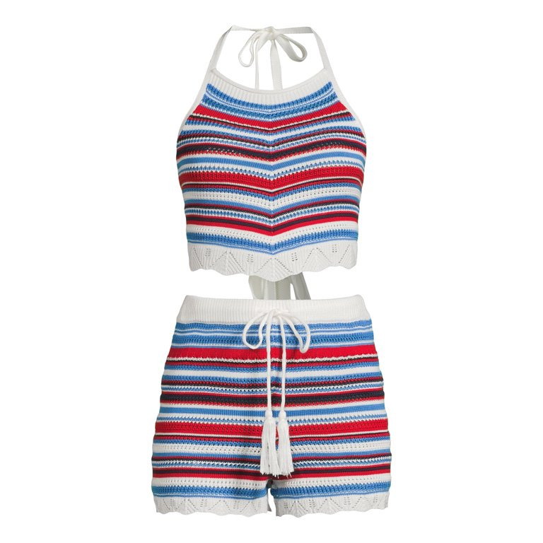 No Boundaries Juniors’ Striped Crochet Halter and Shorts Set, 2-Piece, Sizes XS-XXXL | Walmart (US)