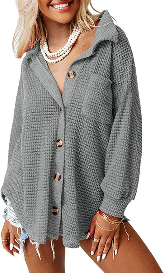SHEWIN Womens Waffle Knit Button Down Shirts Casual Long Sleeve Shacket Jacket Boyfriend Tops Blo... | Amazon (US)
