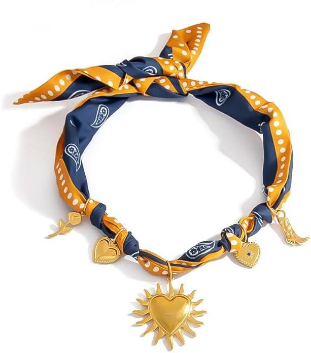 Scarf Necklace with Charm, Bandana Necklace with Gold Dainty Pendants - Chunky Cross, Heart, Flow... | Amazon (US)