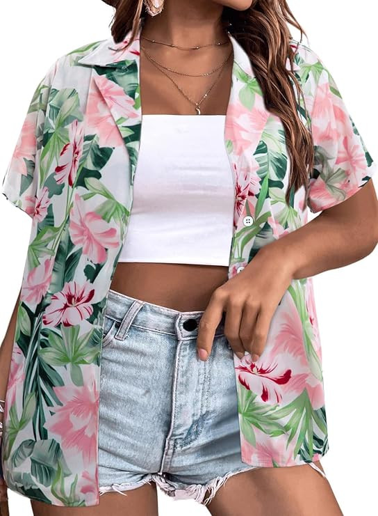 Eytino Women Plus Size Hawaii Shirts V Neck Floral Tropical Printed Tops Summer Short Sleeve Fron... | Amazon (US)