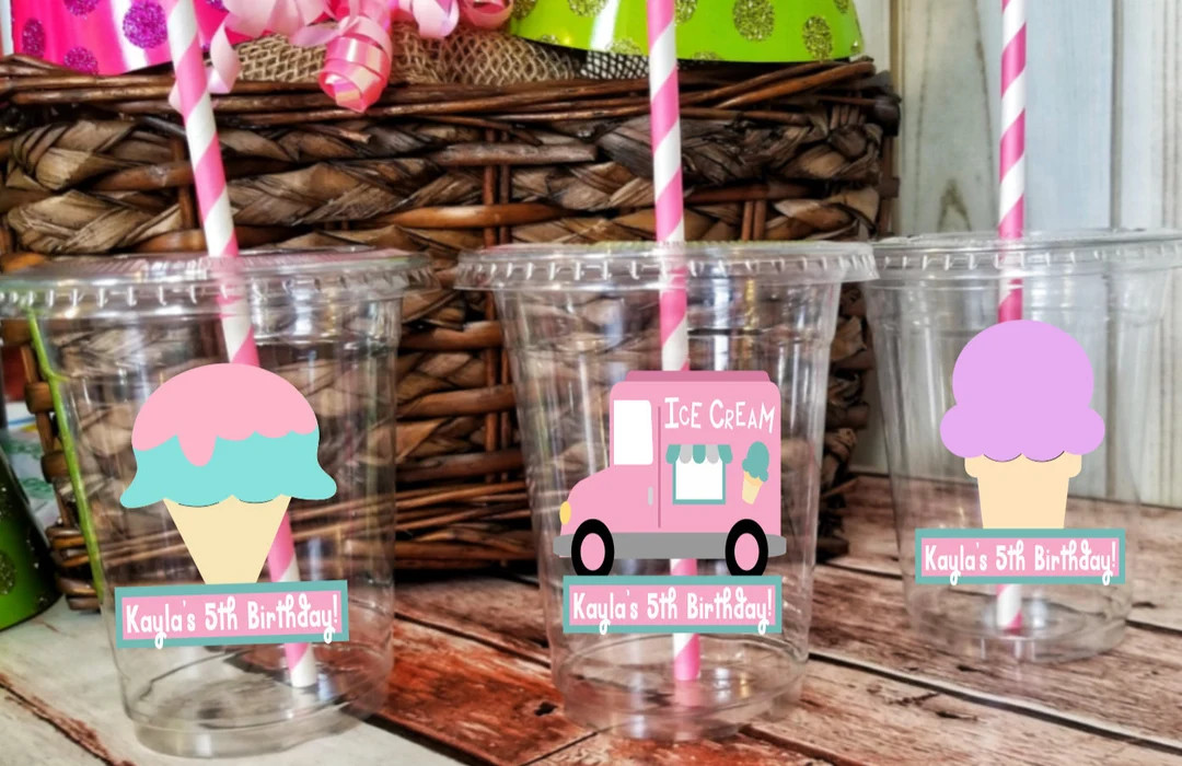 Custom Ice Cream Party Cups With Straws and Lids, Ice Cream Truck Party Favors - Etsy | Etsy (US)