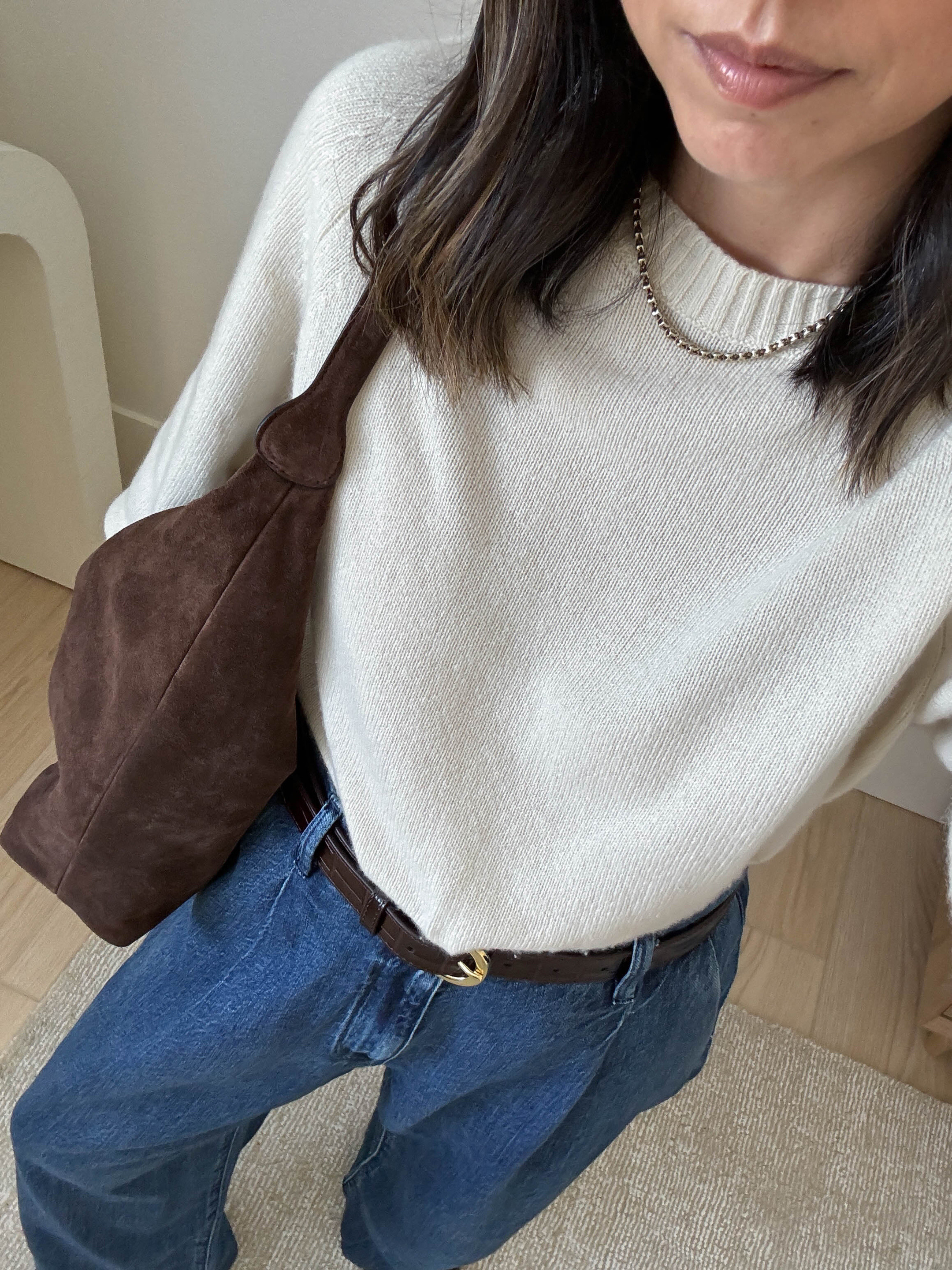 Cyber Monday! My favorite Everlane sweater is on sale. The cashmere boxy sweater. So easy to style and layer. Thin and boxy, but drapes so nicely. This exact color is old, but they have lots of amazing colors. 

Everlane sweater xs
Uniqlo jeans 25. 25.5" inseam. 
J.Crew belt
Little Liffner hobo dark brown
Dorsey necklace

#LTKCyberWeek #LTKSeasonal #LTKSaleAlert
