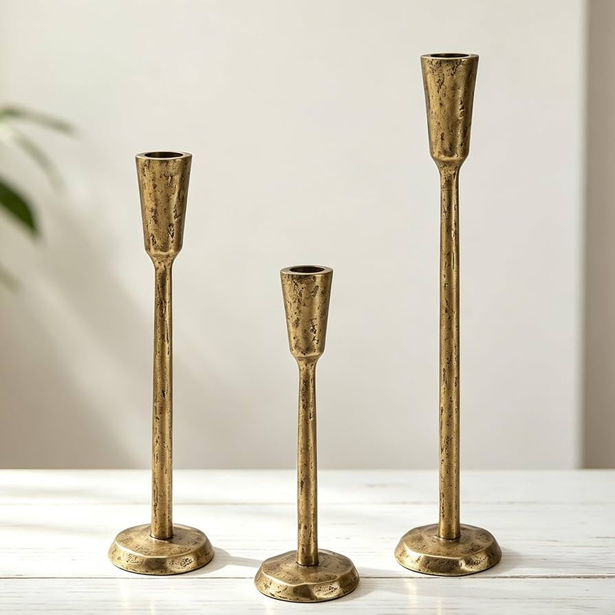 Gold Iron Taper Candle Holders Set of 3, Vintage Brass Candlestick Holders with Anti-Slip Pad, Ta... | Amazon (US)