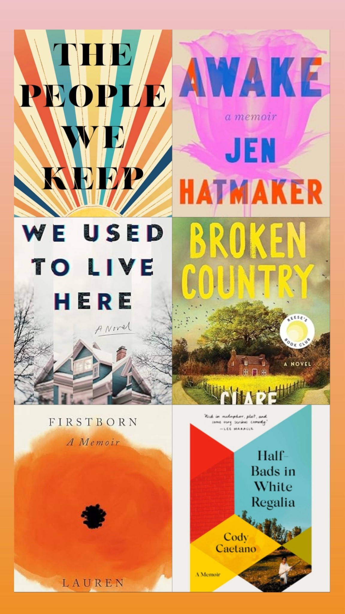 Books I read in 2025! 

The People we Keep ⭐️⭐️ couldn’t stand the main character. 

Awake ⭐️⭐️⭐️⭐️ a memoir, written by a woman who was cheated on. Crazy story. 

We Used to Live Here ⭐️⭐️⭐️⭐️⭐️ entertained the entire time. 

Broken Country ⭐️⭐️⭐️⭐️⭐️ beautifully written 

Firstborn ⭐️⭐️⭐️⭐️ trigger warning: a lot about miscarriage. 

Half-Bads in White Regalia ⭐️⭐️⭐️ not well written, but it’s a memoir about a kid growing up in really tough conditions, which was fascinating to see from his eyes  

books, reading 