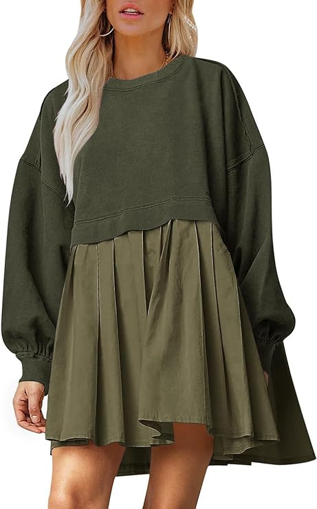 Dokuritu Sweatshirt Dress Women Crew Neck Long Sleeve Patchwork Pullover Tops Flowy Oversized Swe... | Amazon (US)