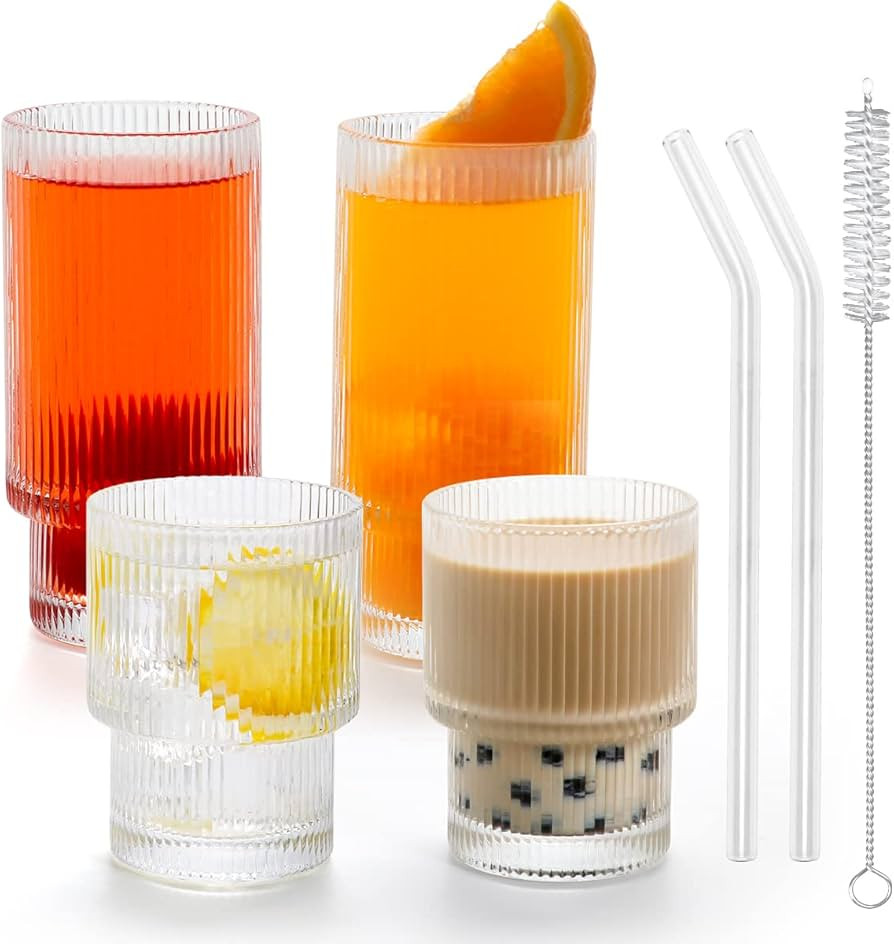 Swetwiny Origami Style Glass Cup Set of 4 Ripple Vintage Glassware, Ribbed Glassware Unique Kitch... | Amazon (US)