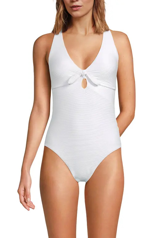 Lands' End Ribbed Knot Front One Piece Swimsuit in White Ottoman at Nordstrom, Size 6 | Nordstrom