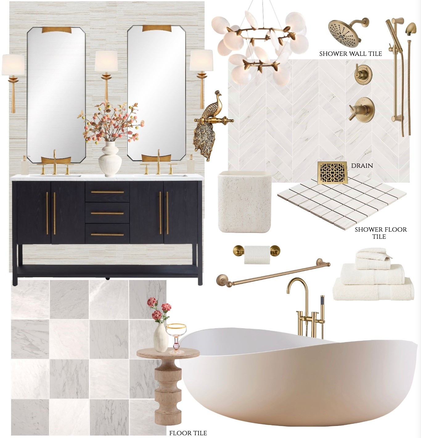 Dreaming of a bathroom that feels like your own private spa? ✨

This mood board was designed for homeowners ready to remodel or give their space a fresh, elevated update. The combination of a rich navy vanity, warm brass fixtures, soft marble tones, and a sculptural freestanding tub creates a timeless, designer look that feels both luxurious and calming.

The key to a high-end bathroom isn’t just one statement piece, it’s the layering:
• Elegant brass hardware for warmth and sophistication
• Light marble and herringbone tile to brighten and add texture
• A deep-toned vanity for contrast and depth
• Soft lighting and organic accents to create that spa-like feel

If your current bathroom feels outdated, builder-grade, or lacking personality, this is the kind of upgrade that transforms your daily routine into something you actually look forward to.

Save this for your remodel inspiration and shop the pieces to start creating your dream bathroom today. Your future spa mornings will thank you. 🛁

#LTKHome #LTKmomlife #LTKstorytime

#LTKstorytime #LTKdayinmylife #LTKHome