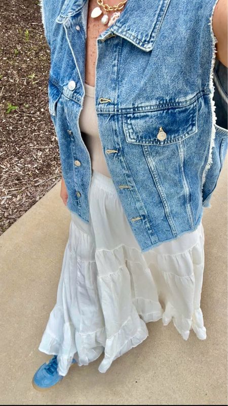 Maxi skirt with frayed denim vest. Easy spring and summer outfit 

#LTKshoecrush #LTKSeasonal #LTKover40