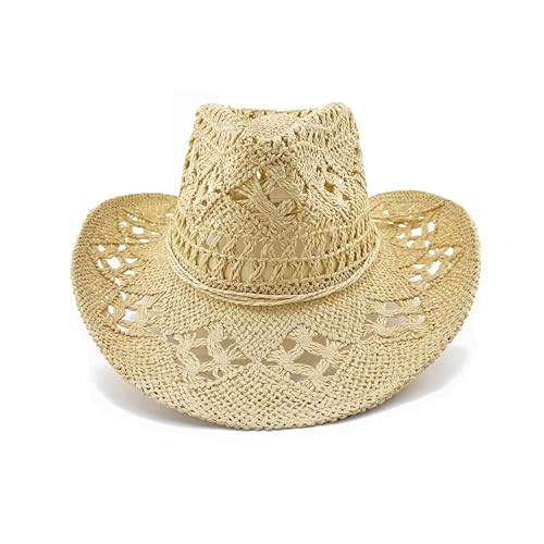 XUDONGXU Straw Cowboy Hat Beige Cowgirl Hat for Women Men Western Beach Hat with Wide Brim for Theme Party Vacation | Amazon (US)
