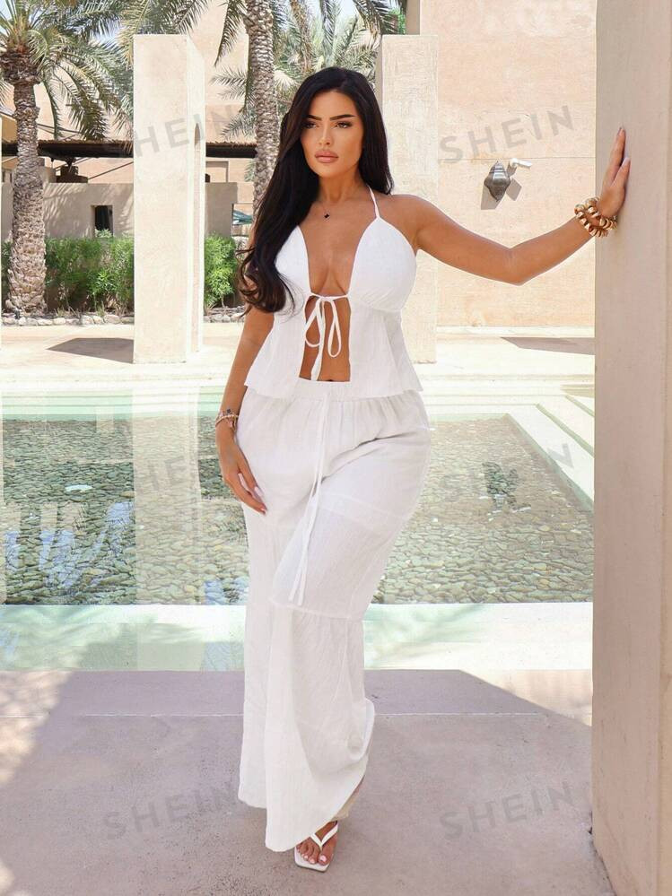 SHEIN SXY Women's Summer Front Tie Backless Halter Top And Tiered Wide Leg Pants Casual Set | SHEIN