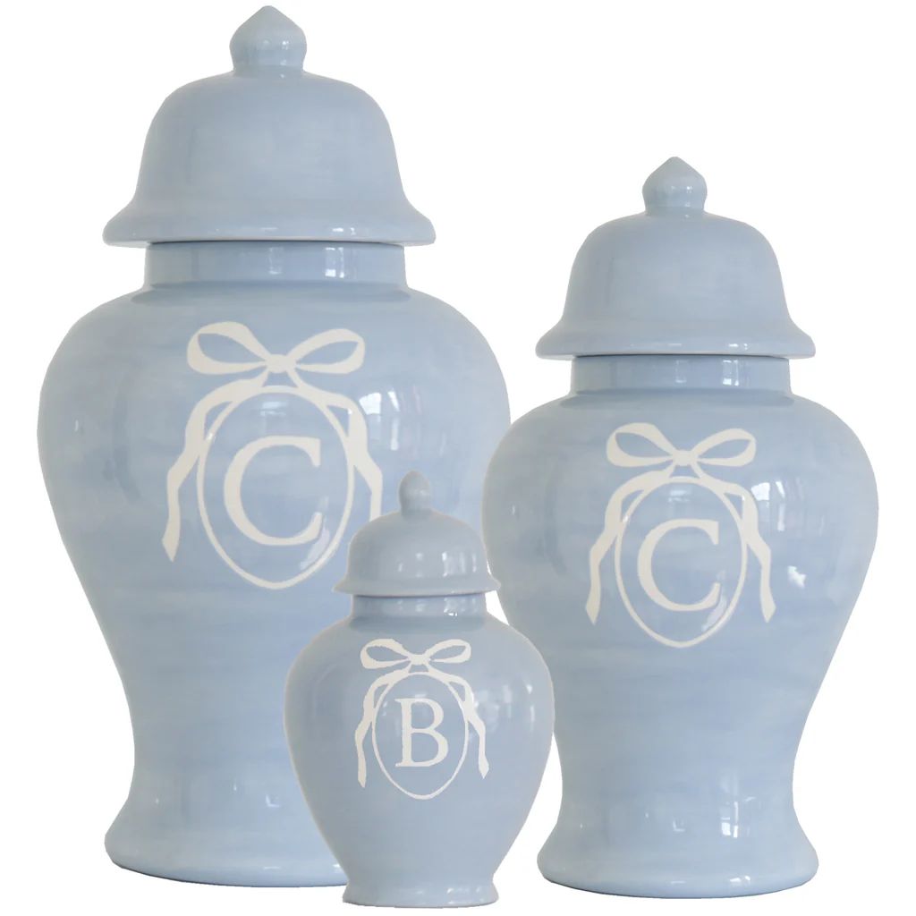 Monogrammed Bow Ginger Jars in Serenity Blue for Lo Home x Veronika's Blushing | Lo Home by Lauren Haskell Designs