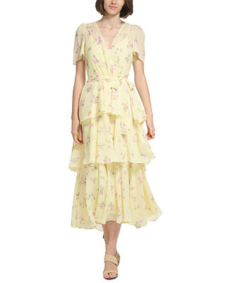 Calvin Klein Women's Floral-Print Chiffon Short-Sleeve Tiered Dress & Reviews - Dresses - Women -... | Macys (US)