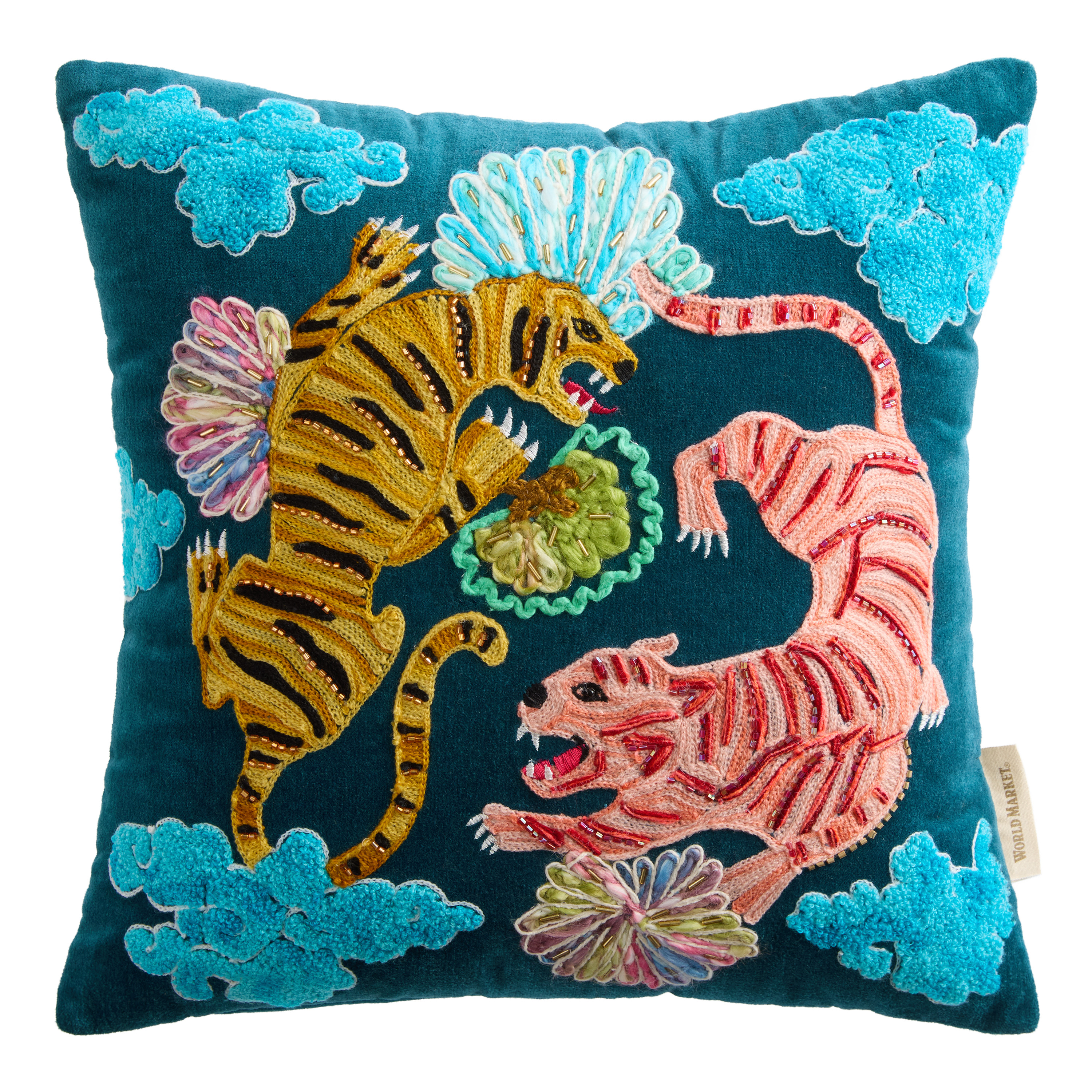 Blue Multicolor Velvet Tigers Embroidered Throw Pillow | World Market