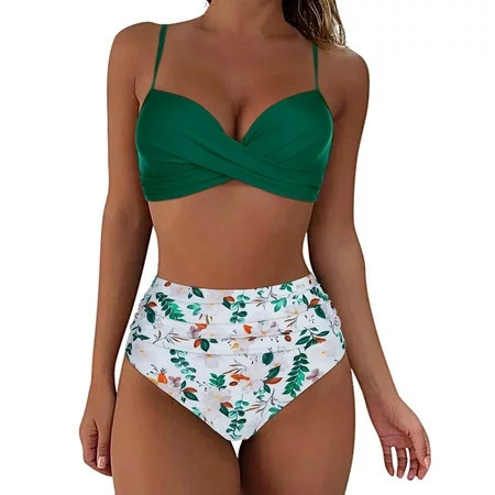 Women High Waisted Bikini Sexy Push Up Two Piece Swimsuits Vintage Swimsuit Two Piece Retro Ruched High Waist Print Bikini Set bathing suit for women | Walmart (US)