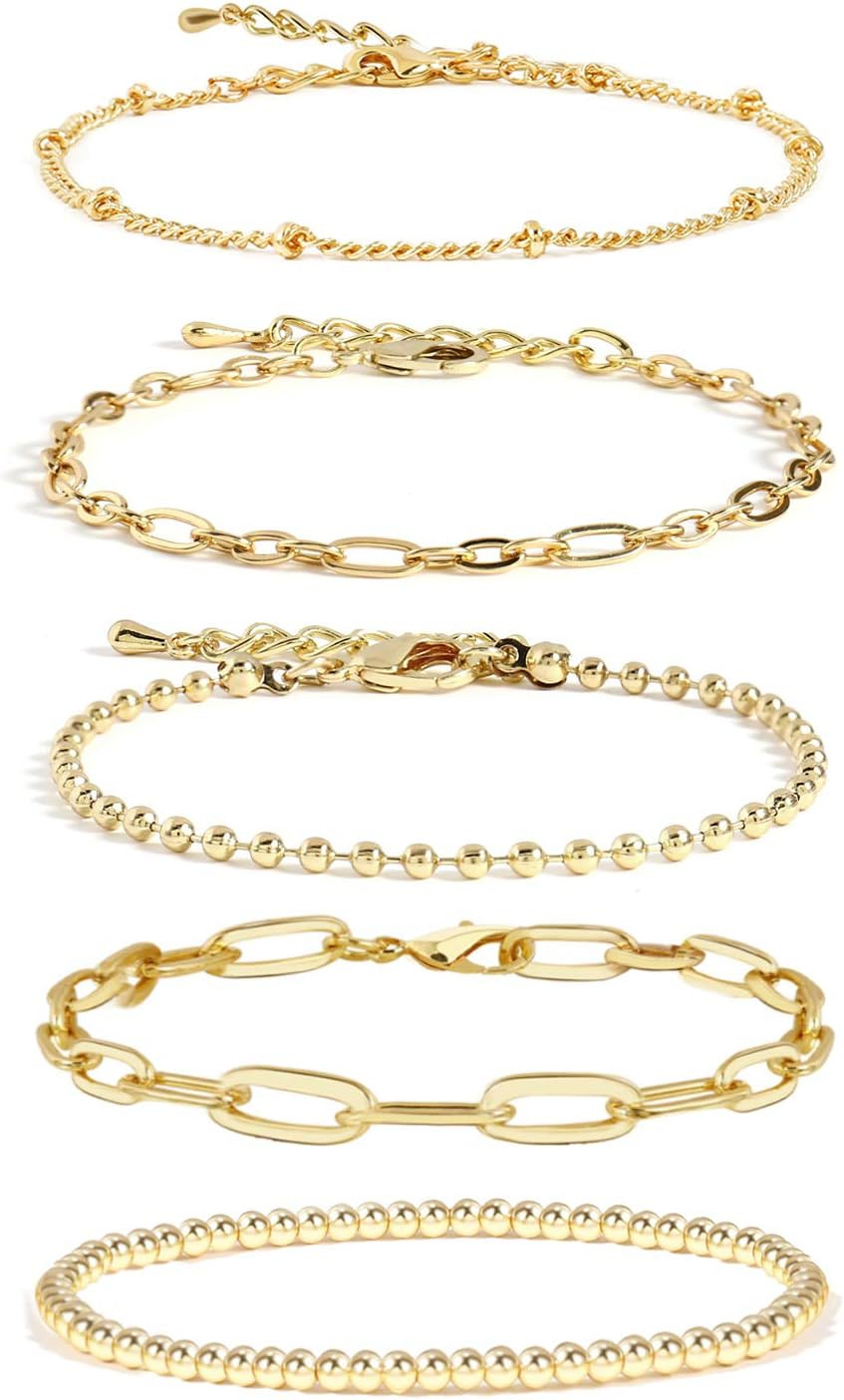 Waterproof Gold Chain Bracelet For Women Non Tarnish,14K Gold Plated Link Dainty Bracelets Stake Layered Bracelet Set Hypoallergen Gold Jewelry | Amazon (US)