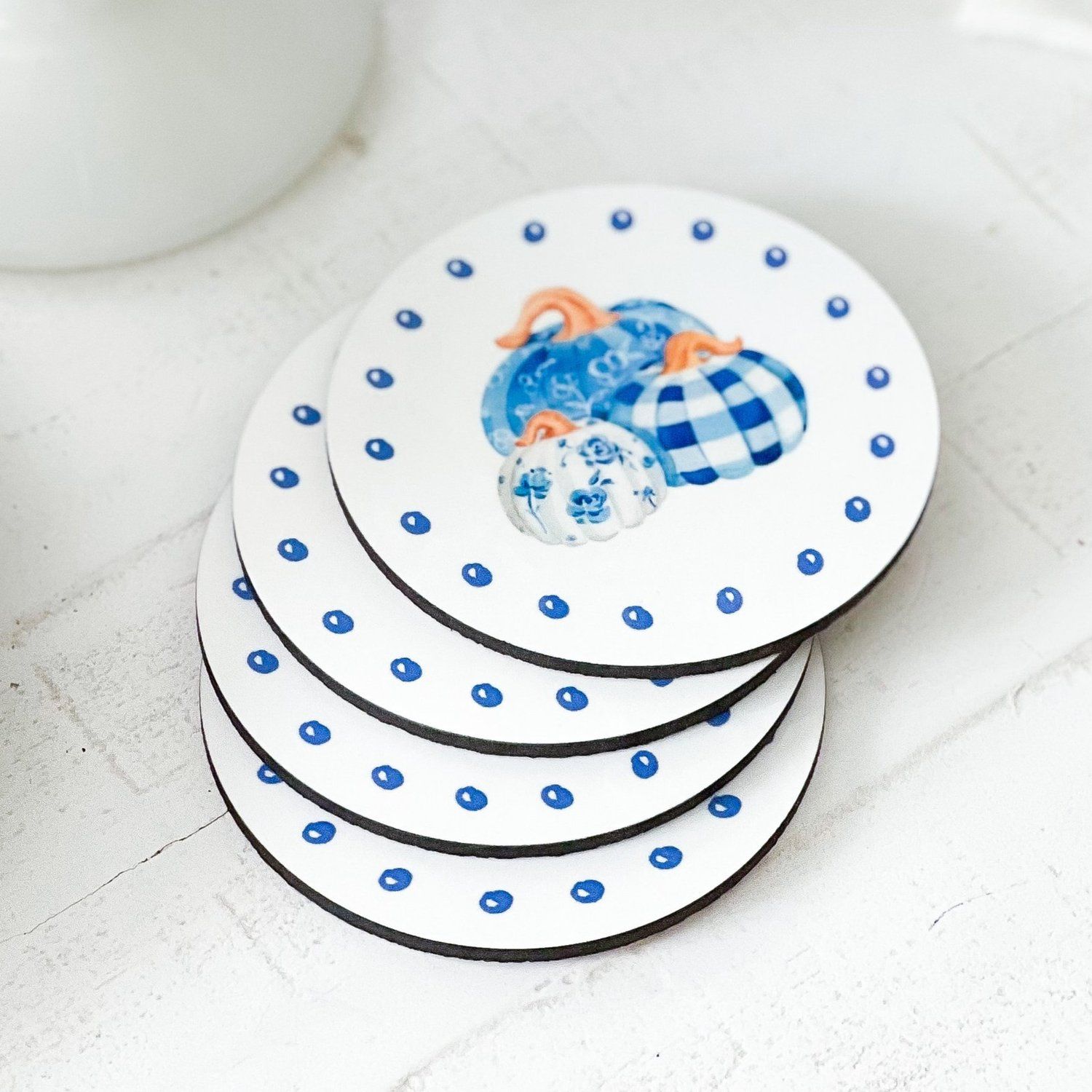 PRE-ORDER Blue and White Pumpkin Cork Back Coasters (Set of 4) — Simply Jessica Marie | Simply Jessica Marie