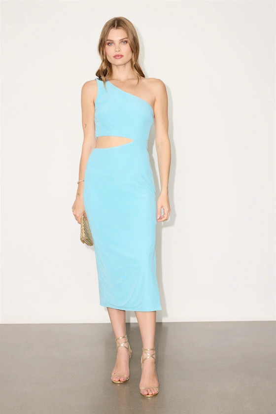 Ismerida Light Blue Mesh One-Shoulder Midi Dress | Lulus