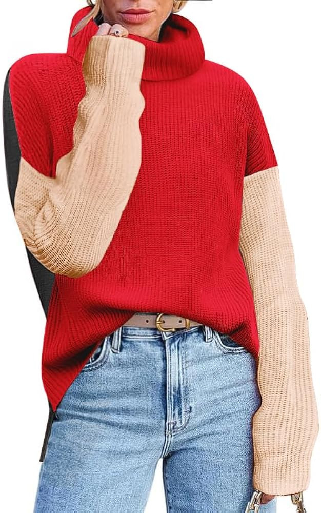 Zeagoo Womens 2024 Fashion Turtleneck Sweaters Color Block Cozy Long Sleeve Casual Knit Pullover ... | Amazon (US)