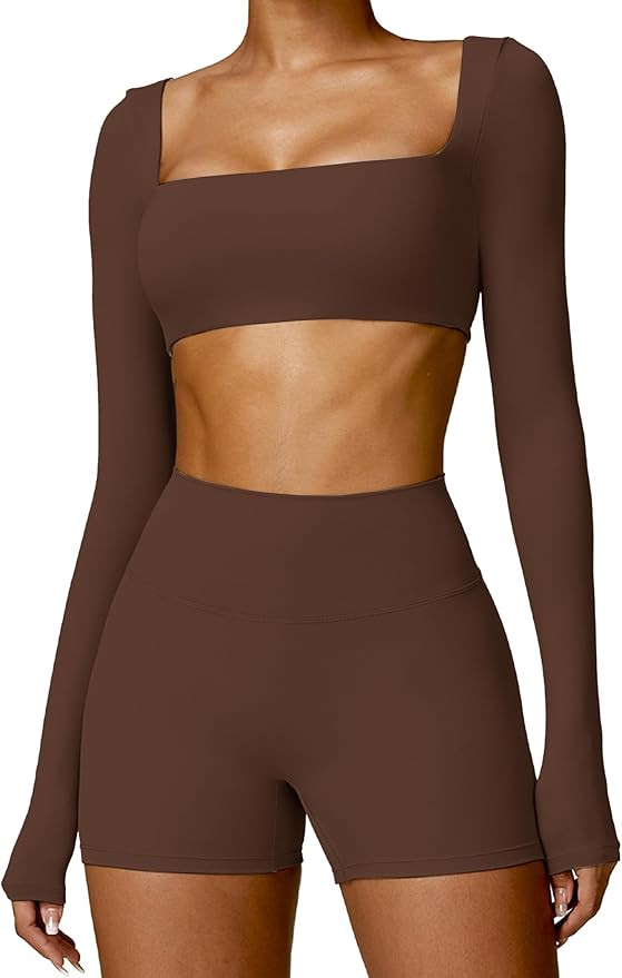 ABOCIW Workout Sets for Women 2 Piece Square Neck Long Sleeve Crop Tops High Waist Biker Shorts G... | Amazon (US)