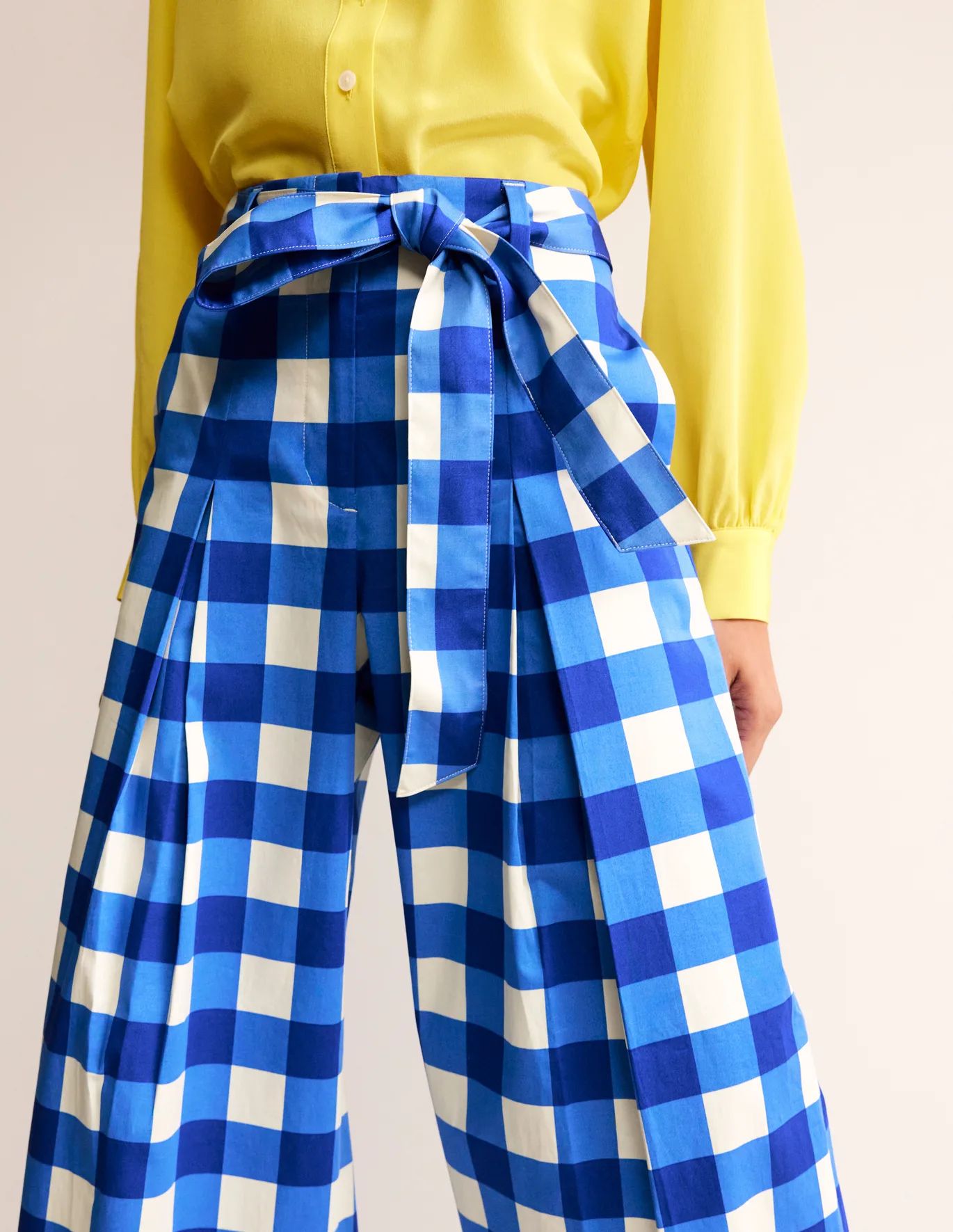 Palazzo Cotton Sateen Pants - Nautical Blue & Ivory Gingham | Boden US | Boden (US)