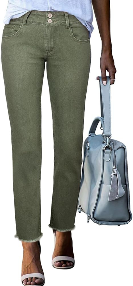 Sidefeel Women's High Waisted Jeans Strechy Fashion Raw Hem Straight Leg Ankle Denim Pants with P... | Amazon (US)