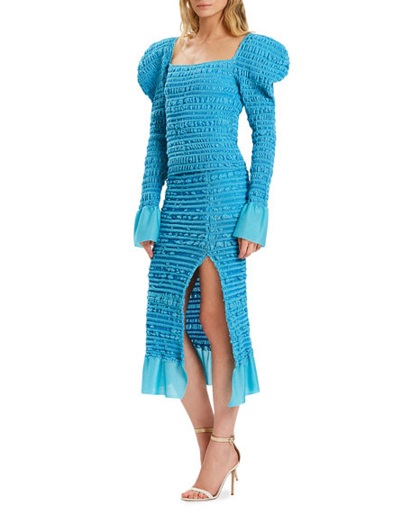 Herve Leger Puckered-Stitch Puff-Sleeve Top | Neiman Marcus