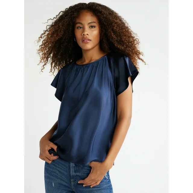 Free Assembly Women's Satin Flutter Sleeve Top, Sizes XS-XXXL | Walmart (US)
