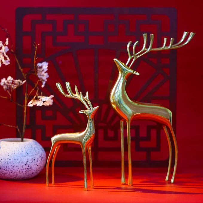 XYQXYQ 2 Pieces of Brass Reindeer Sculpture, Gold Animal Statue, Pure Copper Handicraft, Christma... | Amazon (US)